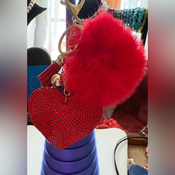 New Red Rhinestone Heart Keychain with Pom Pom - Picture 3 of 3